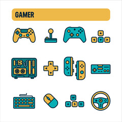 Gamer icons. Gamer and streamer vector set. Color icon design. Controls and peripherals.
