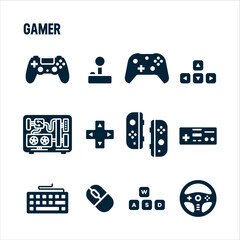 Gamer icons. Gamer and streamer vector set. Filled icon design. Controls and peripherals. © Israel