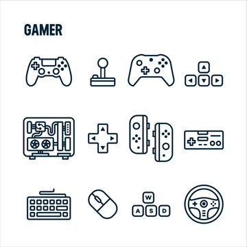 Gamer icons. Gamer and streamer vector set. Linear icon design. Controls and peripherals.