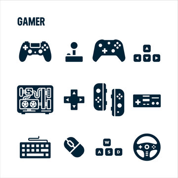 Gamer icons. Gamer and streamer vector set. Filled icon design. Controls and peripherals.