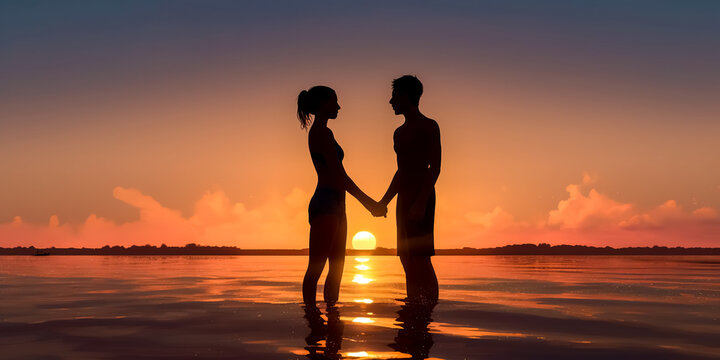 silhouettes, couple in love on the ocean shore at sunset, banner with copy space, made with Generative AI