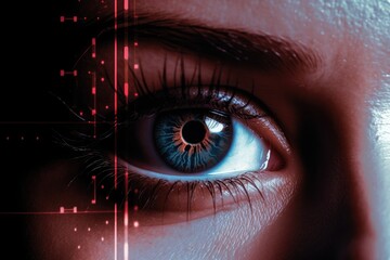 Obraz premium Person's eye fills the frame, computer-generated overlay. Generative AI