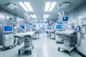 Fototapeta na wymiar Team of robots working in a hospital setting. Generative AI