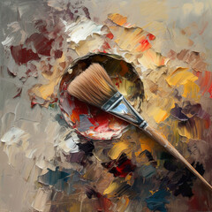 Fototapeta premium Paintbrush on a palette of oil paints. Paint brushes and paints. Artist palette in art concept. Realistic 3D illustration. Generative AI