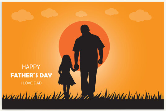 Happy Father's Day and a silhouette of father and children in the background with sun and sky.