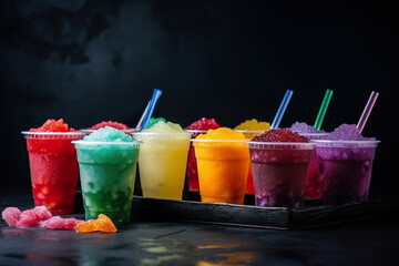 Colorful summer slushies on wooden table. Colorful Frozen Fruit Slush Granita Drinks in Plastic Take-Away Cups with Lids and Drinking Straws. Realistic 3D illustration. Generative AI - obrazy, fototapety, plakaty
