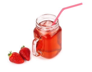 Mason jar of tasty strawberry drink on white background