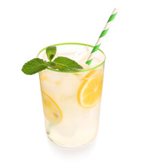 Glass with fresh lemonade on white background