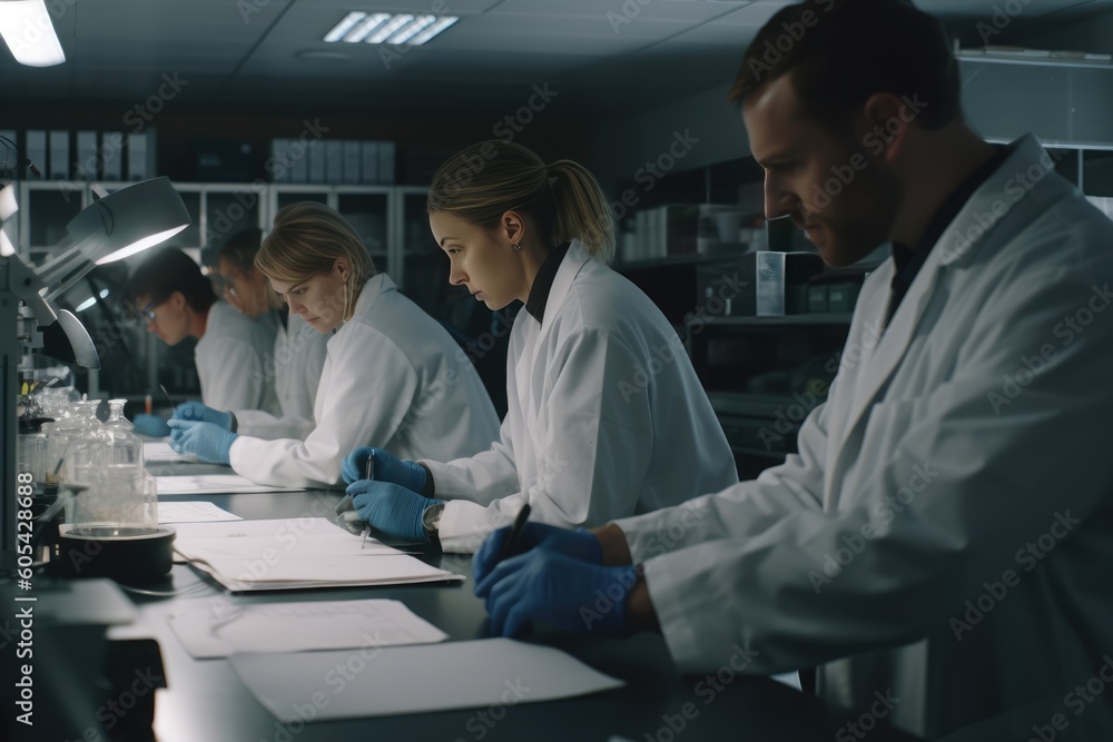 Poster team of scientists working in a laboratory, carefully conducting experiments and analyzing data. gen