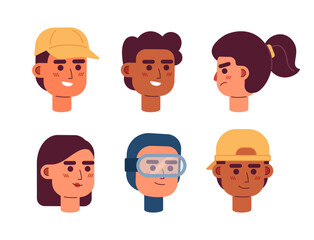 Outdoorsy guys, brunette women semi flat vector character heads set. Happy people. Editable cartoon avatars icons. Face emotions. Colorful spot illustration pack for web graphic design, animation