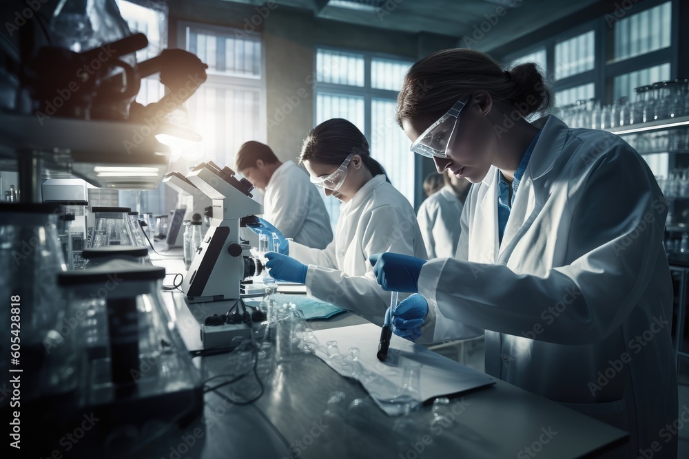 Poster team of scientists working in a laboratory, carefully conducting experiments and analyzing data. gen