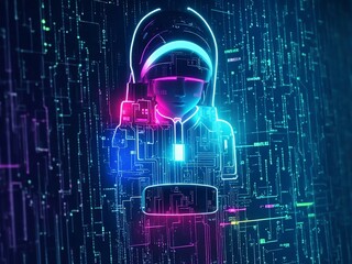 Cybersecurity and data protection, neon colored lights, futuristic human figure hologram.