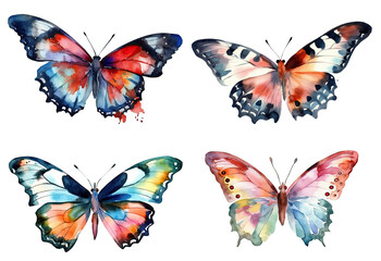 Plakat Watercolor set of colorful butterflies with beautiful wings isolated on clear png background, insect collection for mock up, with Generative Ai.