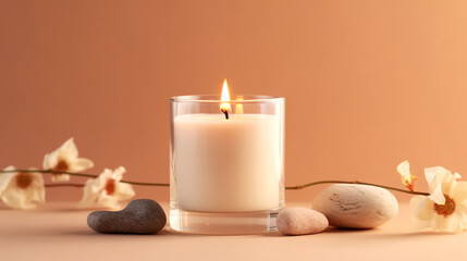 Fototapeta na wymiar Vanilla burning candle on beige background. Warm aesthetic composition with stones and flowers. Home comfort, Spa, Relax, Aromatherapy. Generative AI