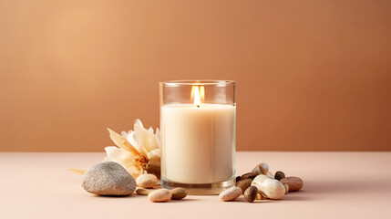 Vanilla burning candle on beige background. Warm aesthetic composition with stones and flowers. Home comfort, Spa, Relax, Aromatherapy. Generative AI
