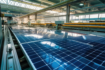 Glossy solar panel being produced at factory, photovoltaic power cells manufacturing as imagined by Generative AI