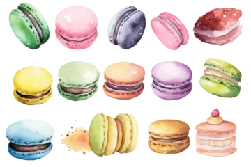 Foto op Canvas Watercolor bakery macaron or macaroon cake isolated on clear png background, various breads in cafe shop, Delicious buns, pancake, and others baked, with Generative Ai. © TANATPON