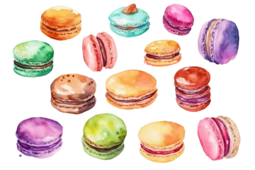 Papier Peint photo Lavable Macarons Watercolor bakery macaron or macaroon cake isolated on clear png background, various breads in cafe shop, Delicious buns, pancake, and others baked, with Generative Ai.