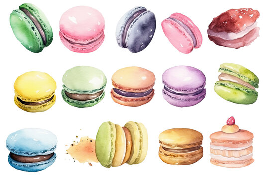 Watercolor bakery macaron or macaroon cake isolated on clear png background, various breads in cafe shop, Delicious buns, pancake, and others baked, with Generative Ai.