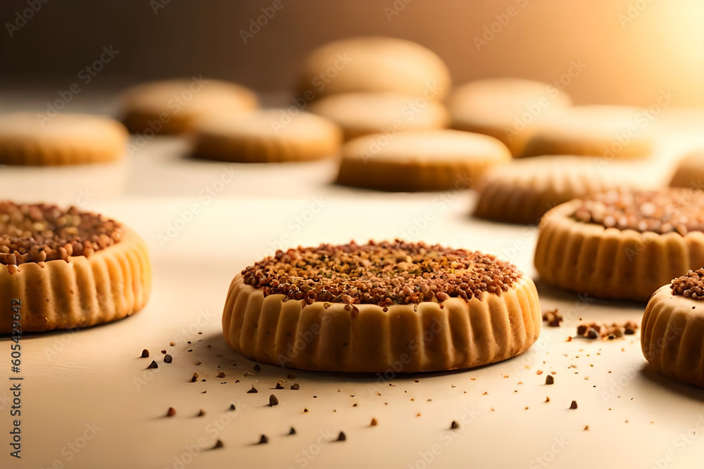 Poster scattered crumbs of vanilla chip butter cookies isolated on white background with copy space. close-