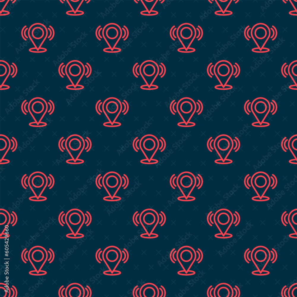 Poster red line map pin icon isolated seamless pattern on black background. navigation, pointer, location, 