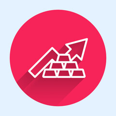 White line Finance growth chart arrow with gold bars icon isolated with long shadow background. Financial success concept. Gold investment concept. Red circle button. Vector