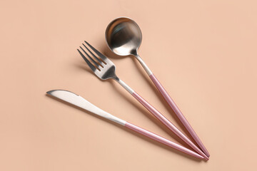 Stylish cutlery on beige background