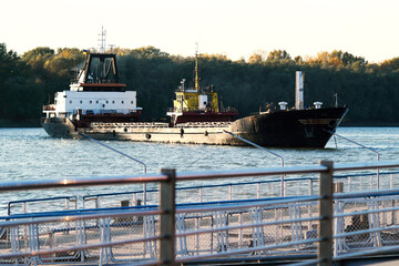 Large ship anchored in the Danube River in Ukraine