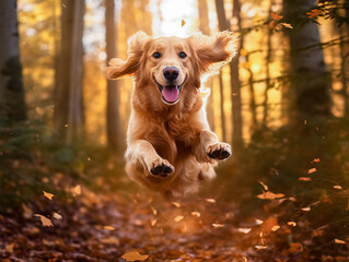 Golden retriever dog jumping through autumn leaves