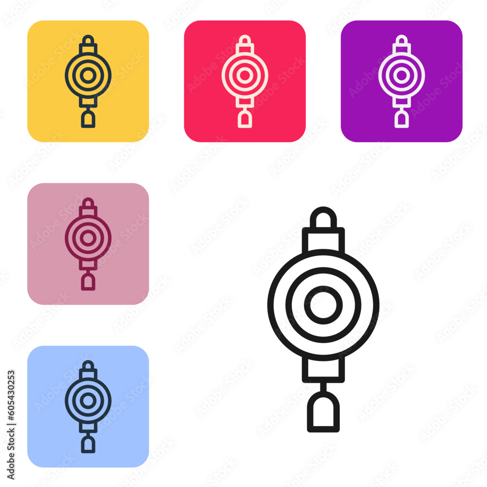 Poster black line chinese paper lantern icon isolated on white background. set icons in color square button