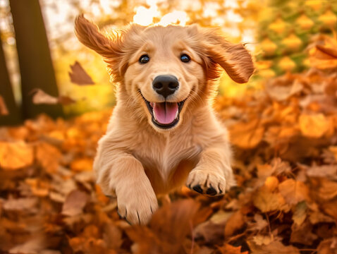 Golden retriever dog jumping through autumn leaves