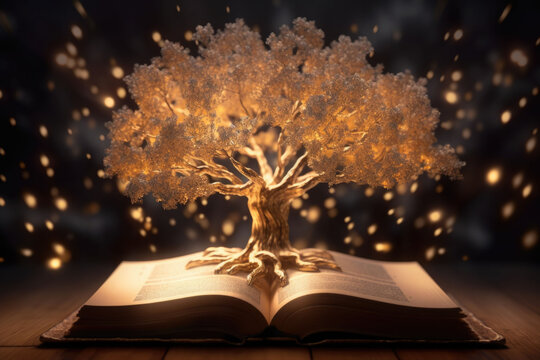 Mystery book with shining pages from which emerges a magical tree with magic sparkles. Generative AI