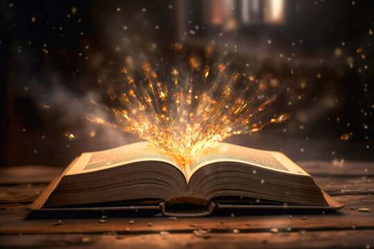 Mystery open book with shining pages. Fantasy book with magic sparkles and stars. Generative AI