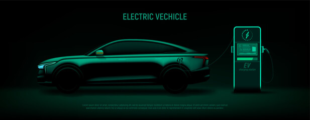 EV car at charging station. Vector illustration with green silhouette of electric car and charging station. Eco-friendly sustainable energy concept. Banner with modern hybrid auto.