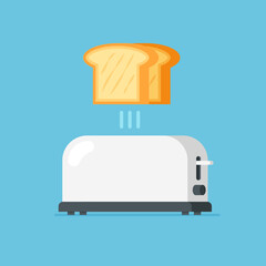 Toast popping out of toaster. Kitchenware icon. Bread. Vector illustration in trendy flat style isolated.