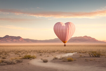 Fototapeta na wymiar Pastel pink heart-shaped hot air balloon in the desert at sunset. Generative AI