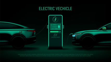 EV cars at charging station. Vector illustration with green silhouette of electric cars and charging station. Eco-friendly sustainable energy concept. Banner with modern hybrid auto.