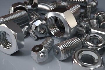 Collection of metal steel nuts, bolts, and screws. Generative AI - obrazy, fototapety, plakaty