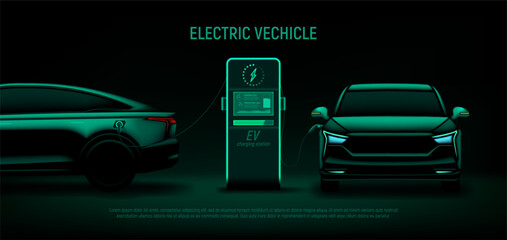 Banner with EV cars at charging station. Vector illustration with green silhouette of electric cars and charging station. Eco-friendly sustainable energy concept. Banner with modern hybrid auto.