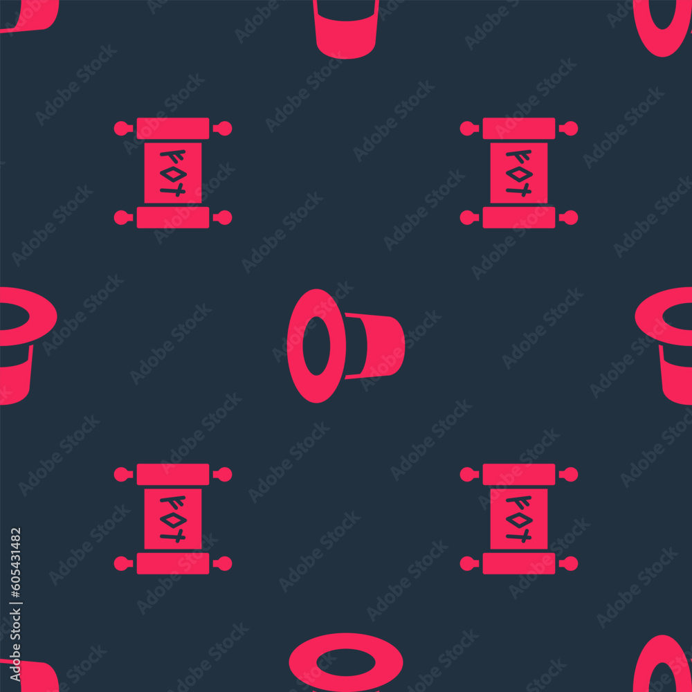 Poster set magic scroll and hat on seamless pattern. vector