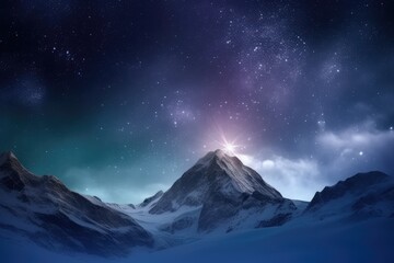 Naklejka na ściany i meble Winter scene with a majestic mountain peak, a star-filled sky, nebula and comet. Generative AI