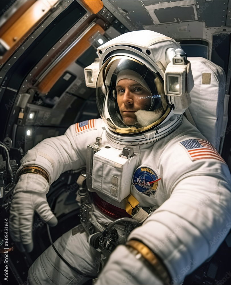Poster a man in a spacesuit in a space station. generative ai.