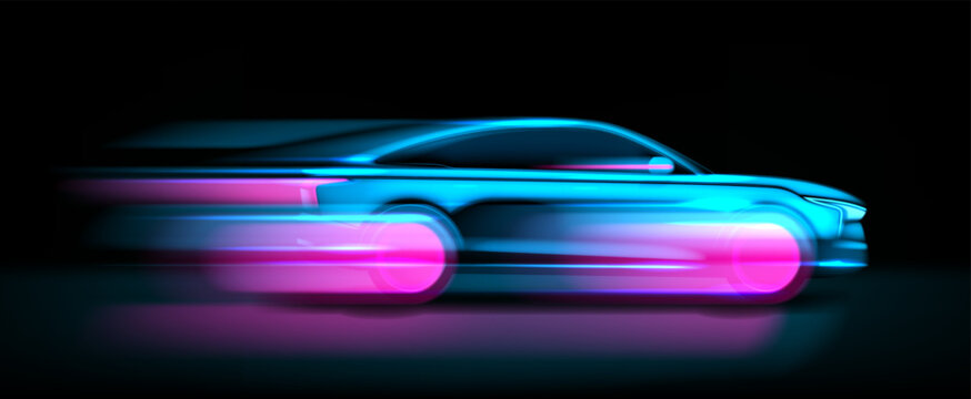 Moving neon glowing sport car silhouette. Vector illustration with side view on high speed moving car with glowing silhouette. Concept of modern and fast electric vehicle.