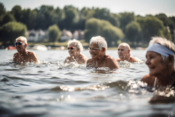 Active senior people group swimming in lake water