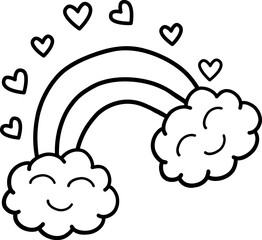 Vector illustration of rainbows, clouds and hearts. Rainbow, clouds in love and hearts, black and white illustration. Cute cloud design, stickers, badge, clothing design, weather character.