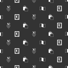 Set Flag France, Portrait picture in museum, Grape fruit and Paper shopping bag on seamless pattern. Vector