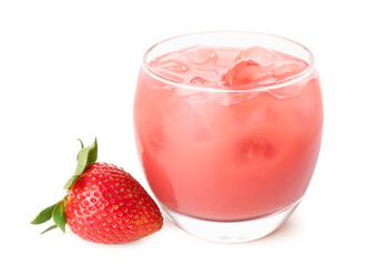 Fototapeta Glass of tasty strawberry smoothie with ice cubes on white background obraz
