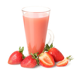 Glass with tasty strawberry smoothie on white background