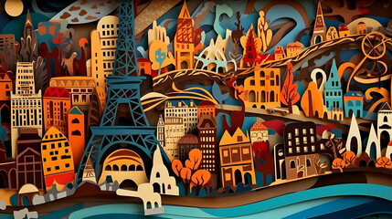 Papercut Illustration Paris & France, panorama travel postcard, poster, tour advertising of world famous landmarks - Generative AI