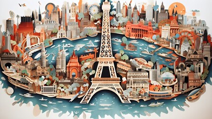 Papercut Illustration Paris & France, panorama travel postcard, poster, tour advertising of world famous landmarks - Generative AI